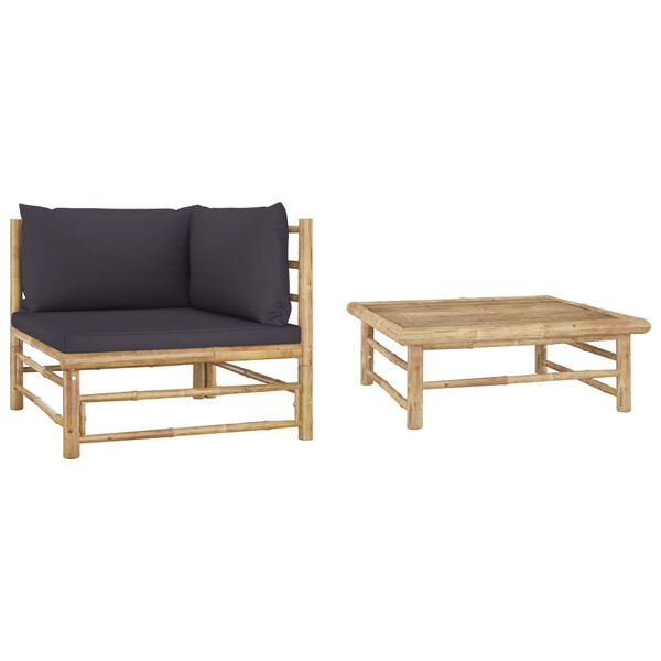 vidaXL 2 pcs conj. lounge jardim em bambu c/ almofadões cinza-escuro
