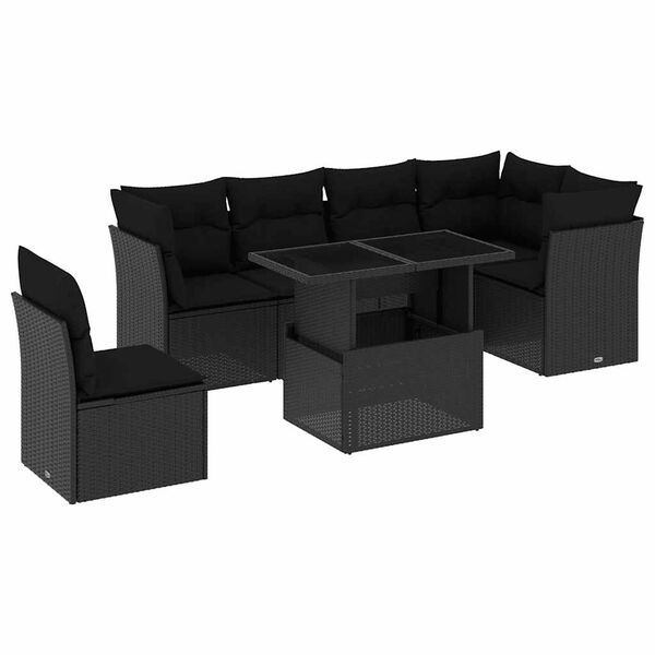 vidaXL 7 pcs conjunto de sof&aacute;s p/ jardim c/ almofad&otilde;es vime PE preto