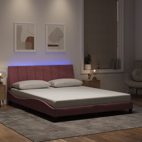 vidaXL Estrutura de cama com LED sem colch&atilde;o Hanko 160x200 cm veludo rosa