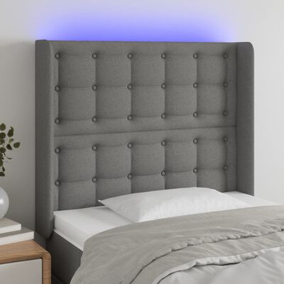 vidaXL Cabeceira cama c/ luzes LED tecido 83x16x118/128cm cinza-escuro