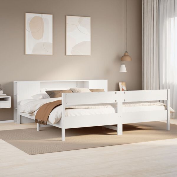 vidaXL Cama com estante sem colch&atilde;o 200x200 cm pinho maci&ccedil;o branco