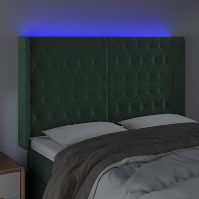 vidaXL Cabeceira de cama c/ LED veludo 147x16x118/128 cm verde-escuro