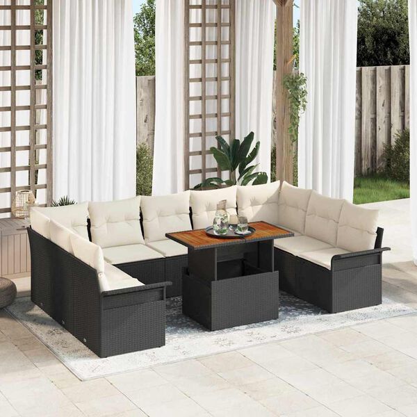 vidaXL Conjunto de Sofá de Jardim com almofada 10 pcs Preto e creme
