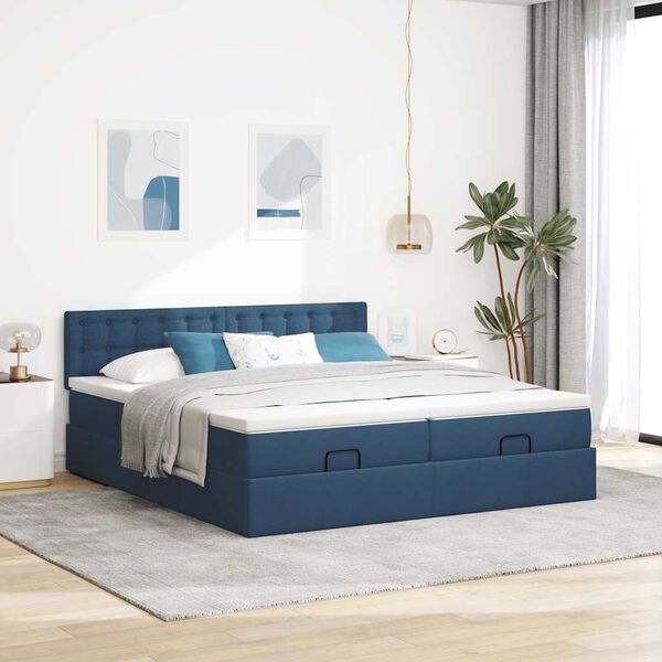 vidaXL Estrutura de cama otomana com colch&otilde;es 180x200cm tecido azul