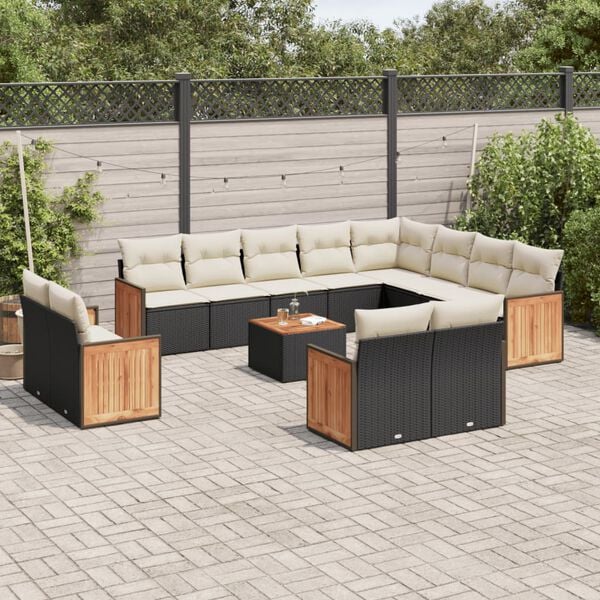 vidaXL 13 pcs conjunto de sof&aacute;s de jardim com almofad&otilde;es vime PE preto