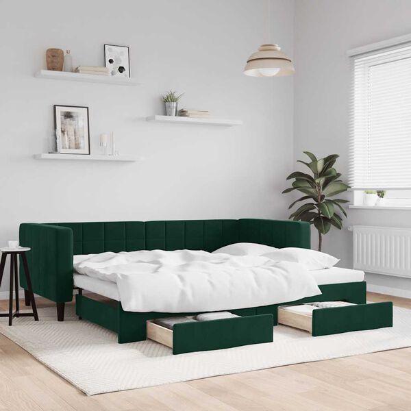 vidaXL Sofá-cama c/ gavetão e gavetas 90x200 cm veludo verde-escuro
