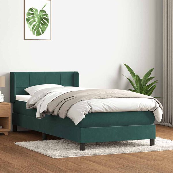 vidaXL Cama com molas/colch&atilde;o 90x220 cm veludo verde-escuro