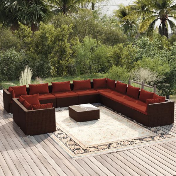 vidaXL 12 pcs conjunto lounge jardim c/ almofad&otilde;es vime PE castanho