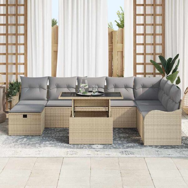 vidaXL Conjunto de Sof&aacute; de Jardim 9 pcs Bege Rattan Sint&eacute;tico