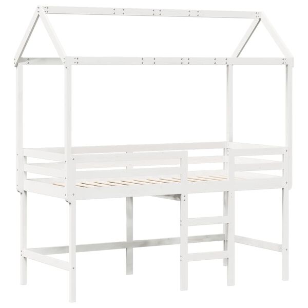 vidaXL Cama alta c/ escada e telhado 90x190 cm pinho maci&ccedil;o branco