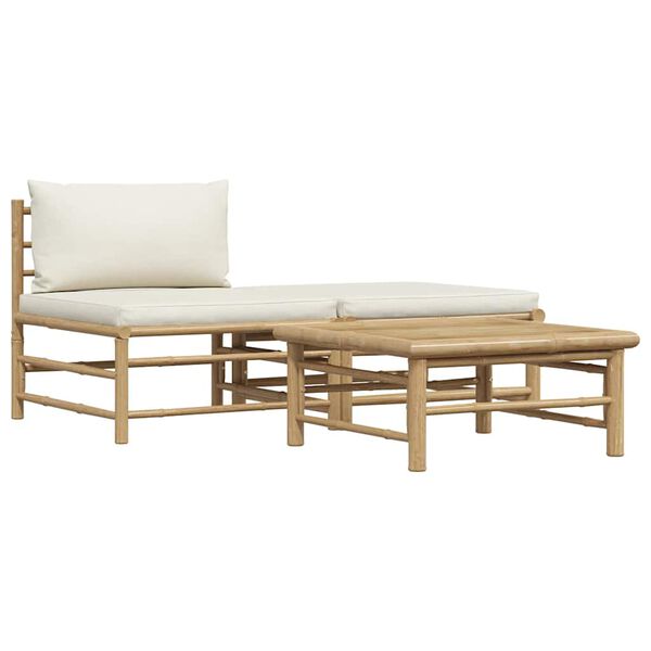 vidaXL 3 pcs conj. lounge p/ jardim em bambu c/ almofad&otilde;es branco nata