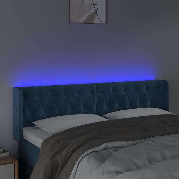 vidaXL Cabeceira cama c/ luzes LED veludo 147x16x78/88 cm azul-escuro