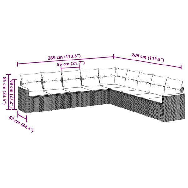 vidaXL 9 pcs conjunto de sof&aacute;s p/ jardim c/ almofad&otilde;es vime PE preto