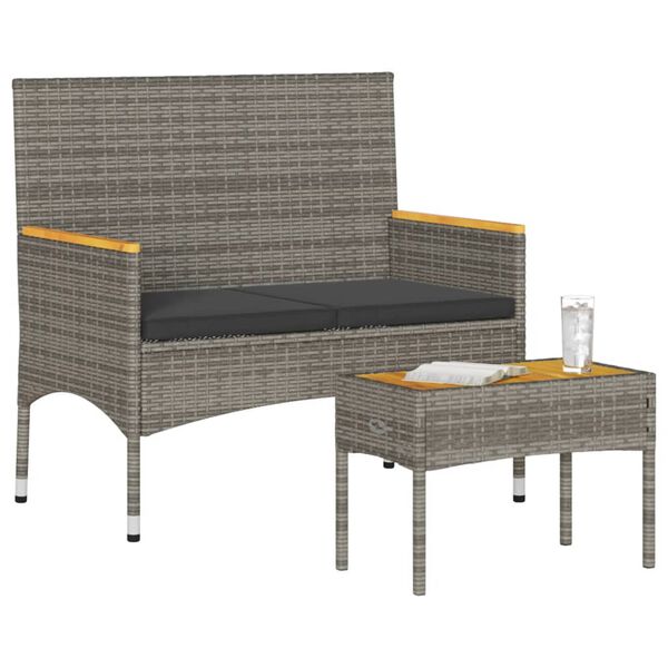 vidaXL Banco de jardim c/ mesa e almofadões 2 lugares vime PE cinza