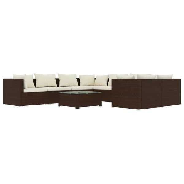 vidaXL 9 pcs conjunto lounge jardim c/ almofad&otilde;es vime PE castanho