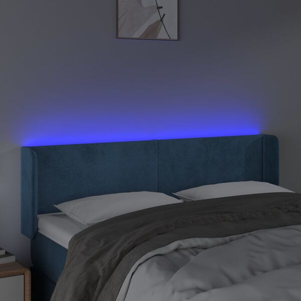 vidaXL Cabeceira cama c/ luzes LED veludo 147x16x78/88 cm azul-escuro