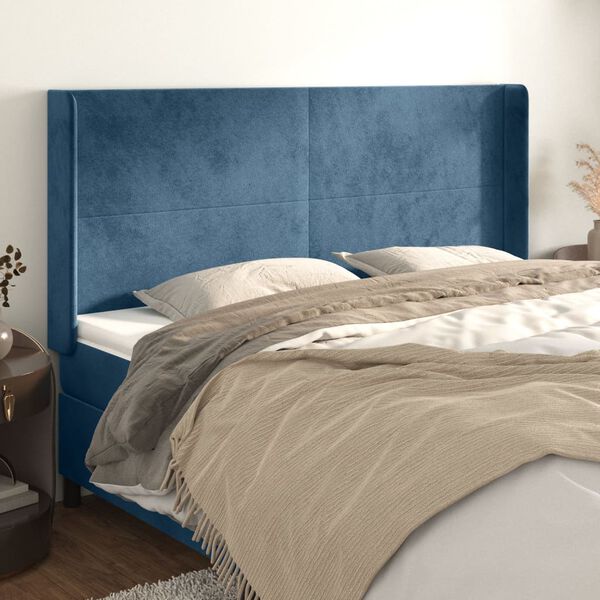 vidaXL Cabeceira cama c/ abas veludo 163x16x118/128 cm azul-escuro
