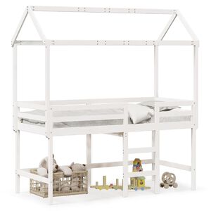 vidaXL Cama alta c/ escada e telhado 90x190 cm pinho maci&ccedil;o branco