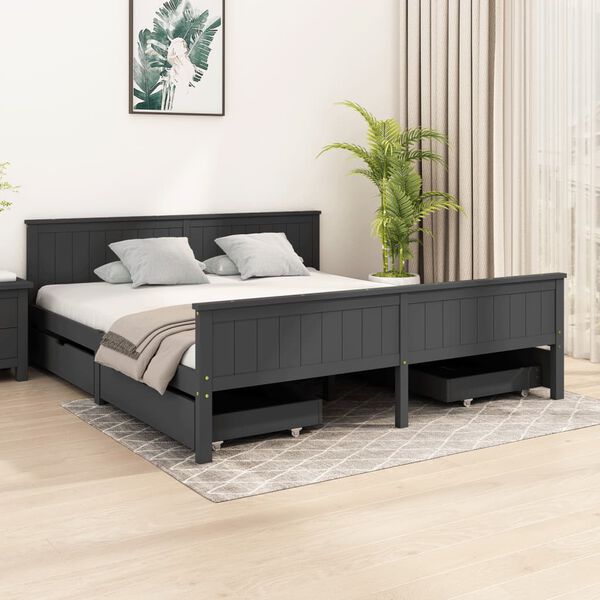 vidaXL Estrutura cama c/ 4 gavetas 180x200cm pinho maci&ccedil;o cinza-escuro