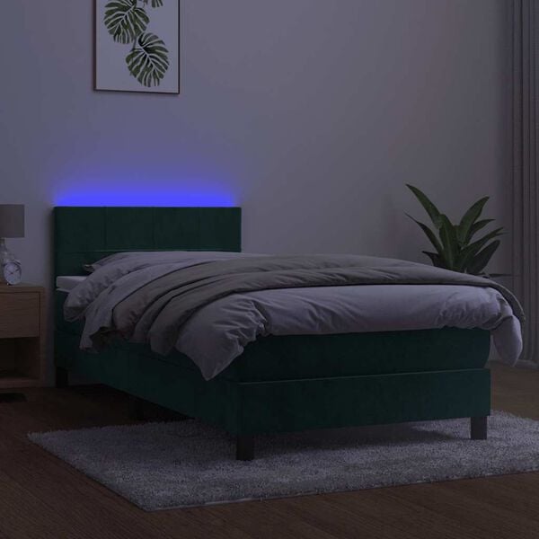 vidaXL Cama box spring c/ colch&atilde;o/LED 80x200 cm veludo verde-escuro