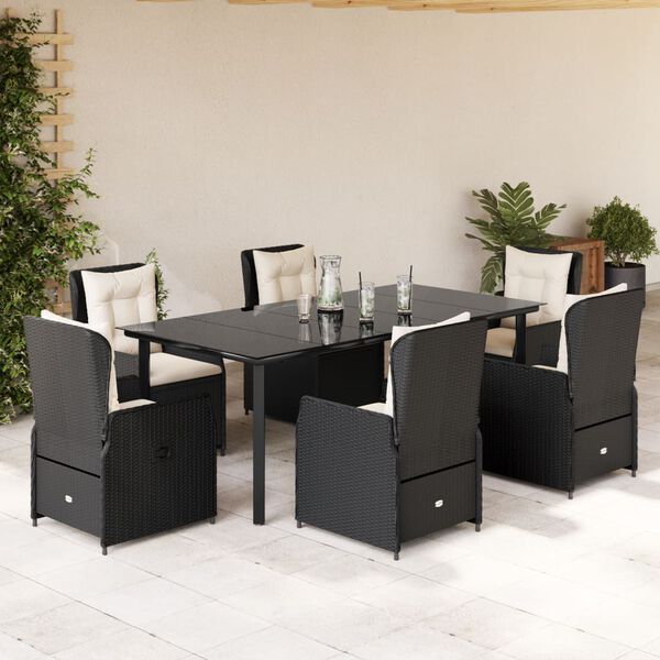 vidaXL 7 pcs conjunto de jantar p/ jardim c/ almofad&otilde;es vime PE preto