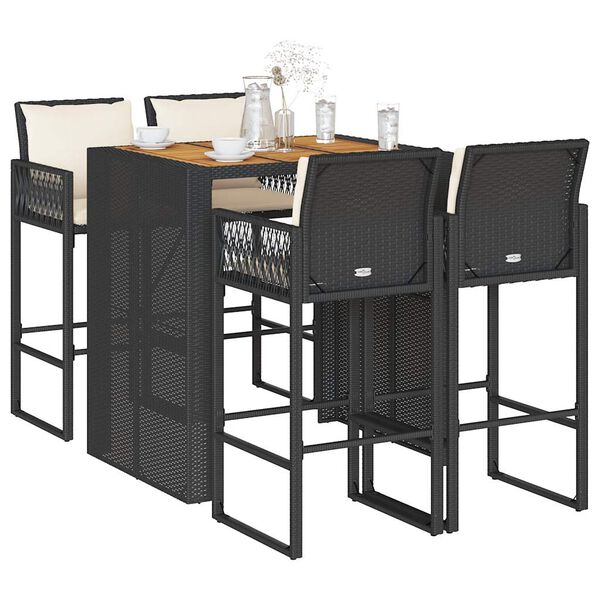 vidaXL 5 pcs conjunto de bar jardim c/ almofad&otilde;es vime PE/ac&aacute;cia preto