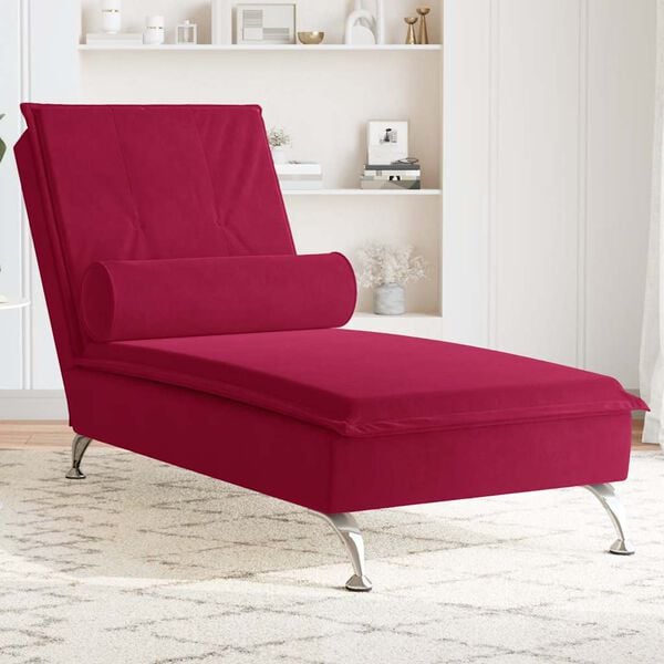 vidaXL Chaise lounge de massagem com rolo veludo vermelho tinto