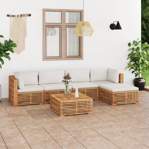vidaXL 6 pcs conjunto lounge jardim c/ almofad&otilde;es creme teca maci&ccedil;a