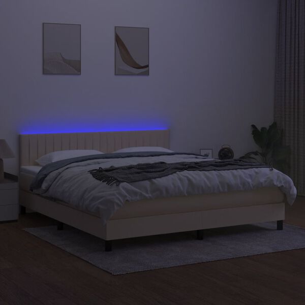 vidaXL Cama box spring c/ colch&atilde;o e LED 180x200 cm tecido cor creme