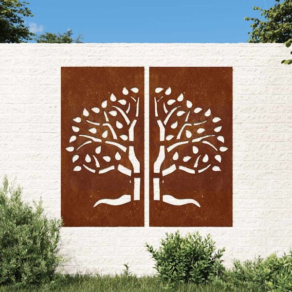 vidaXL Decora&ccedil;&atilde;o muro de jardim 2pcs 105x55cm a&ccedil;o corten design &aacute;rvore