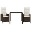 vidaXL 3 pcs conjunto bistr&ocirc; de jardim c/ almofad&otilde;es vime PE castanho