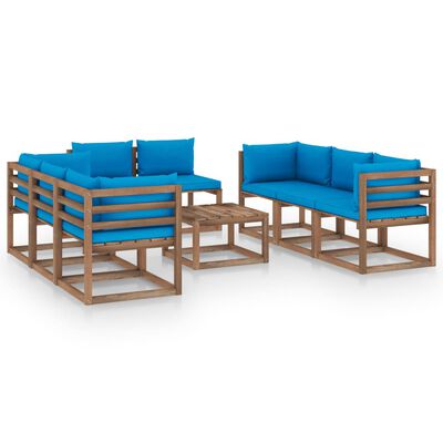 vidaXL 9 pcs conjunto lounge para jardim com almofadões azul-claro