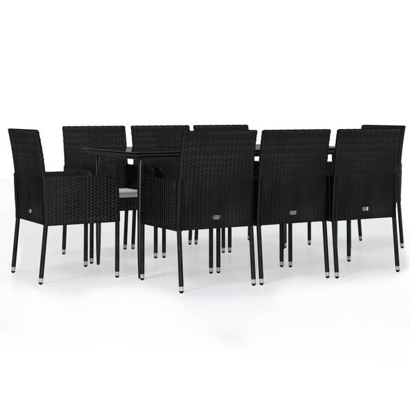 vidaXL 9 pcs conjunto de jantar p/ jardim c/ almofad&otilde;es vime PE preto