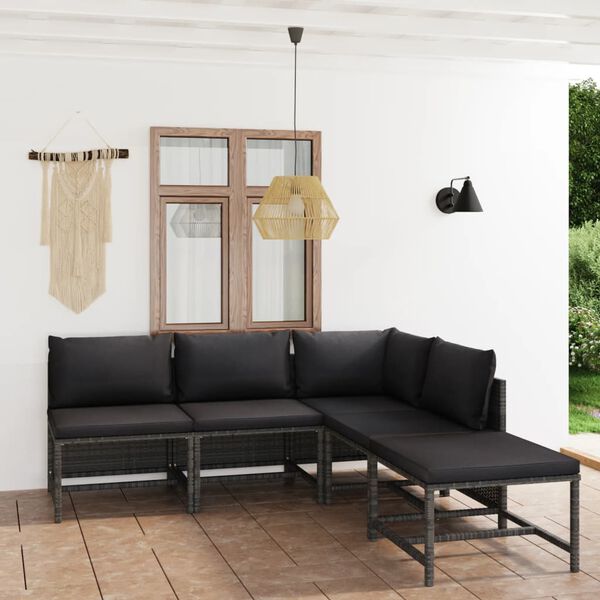 vidaXL 5 pcs conjunto lounge de jardim c/ almofadões vime PE cinzento