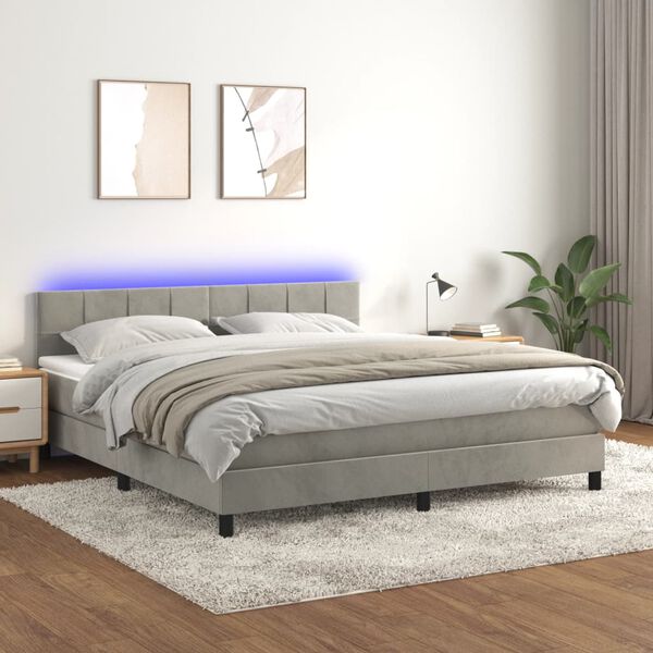 vidaXL Cama box spring c/ colch&atilde;o/LED 160x200 cm veludo cinzento-claro