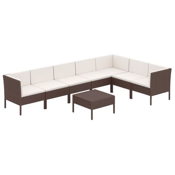 vidaXL 8 pcs conjunto lounge jardim c/ almofad&otilde;es vime PE castanho