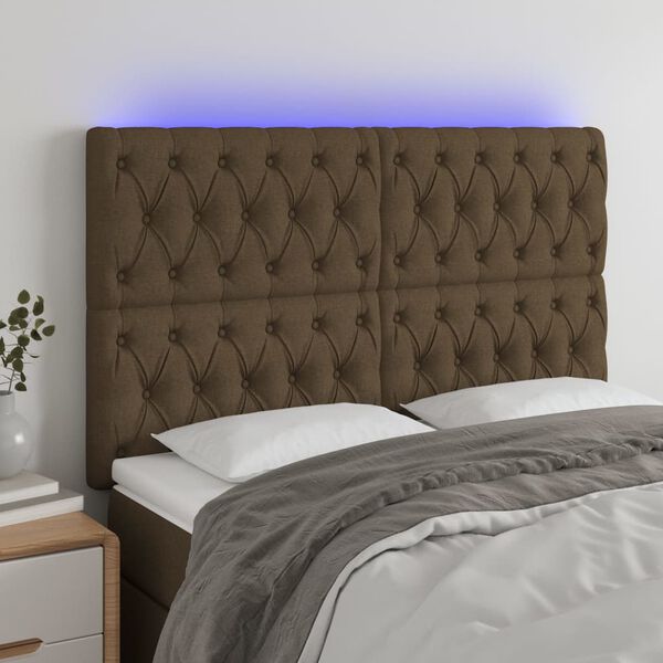 vidaXL Cabeceira de cama c/ luzes LED tecido 144x7x118/128cm castanho