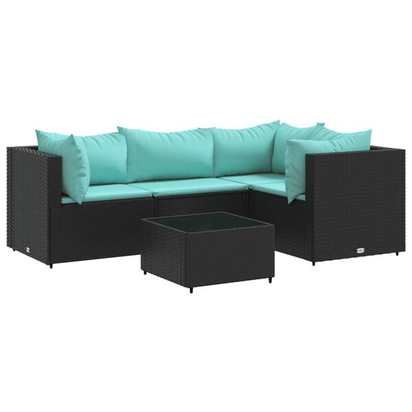 vidaXL 5 pcs conjunto lounge de jardim c/ almofad&otilde;es vime PE preto