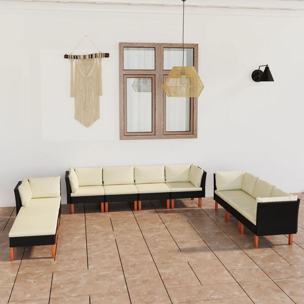 vidaXL 10 pcs conjunto lounge de jardim c/ almofad&otilde;es vime PE preto