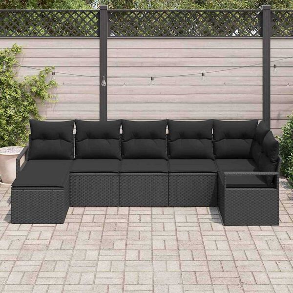 vidaXL Conjunto de Sof&aacute;s com almofada 7 pcs Preto vime PE
