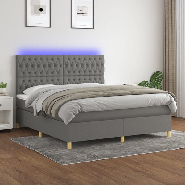 vidaXL Cama box spring c/ colch&atilde;o e LED 160x200 cm tecido cinza-escuro