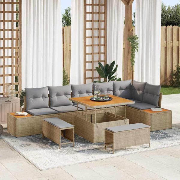 vidaXL Conjunto de Sof&aacute; de Jardim 9 pcs Bege Rattan Sint&eacute;tico