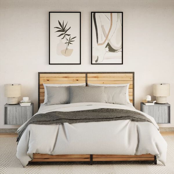 vidaXL Mesas de cabeceira de parede com luzes LED 2pcs cinzento sonoma