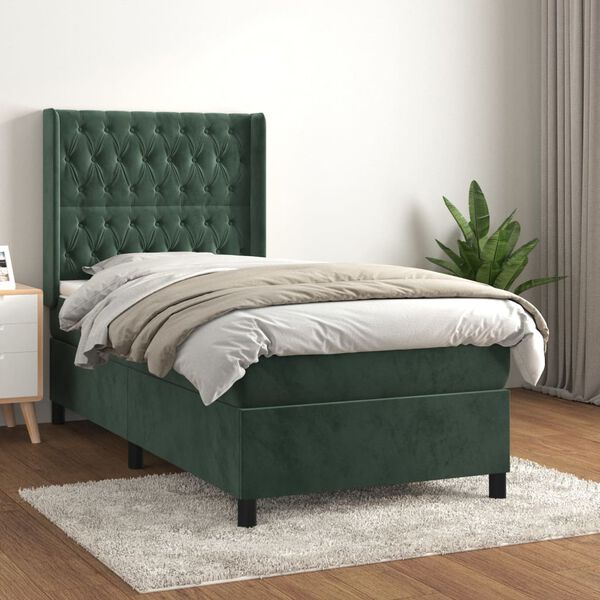 vidaXL Cama com molas/colch&atilde;o 90x190 cm veludo verde-escuro