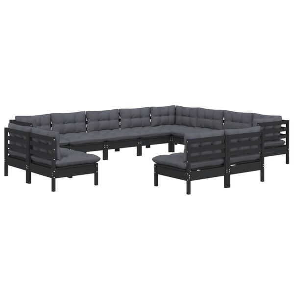 vidaXL 12 pcs conjunto lounge jardim c/ almofad&otilde;es pinho maci&ccedil;o preto