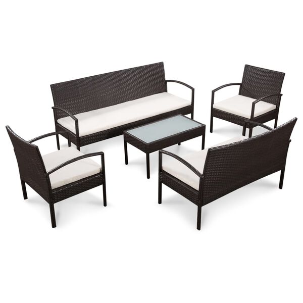 vidaXL 5 pcs conjunto lounge jardim c/ almofadões vime PE castanho