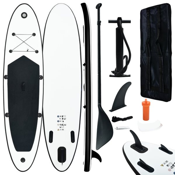 vidaXL Conjunto prancha de paddle SUP insufl&aacute;vel preto e branco