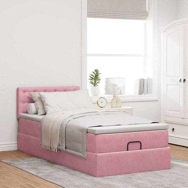 moldura de cama otomana vidaXL com colch&atilde;o rosa 90x190 cm Veludo