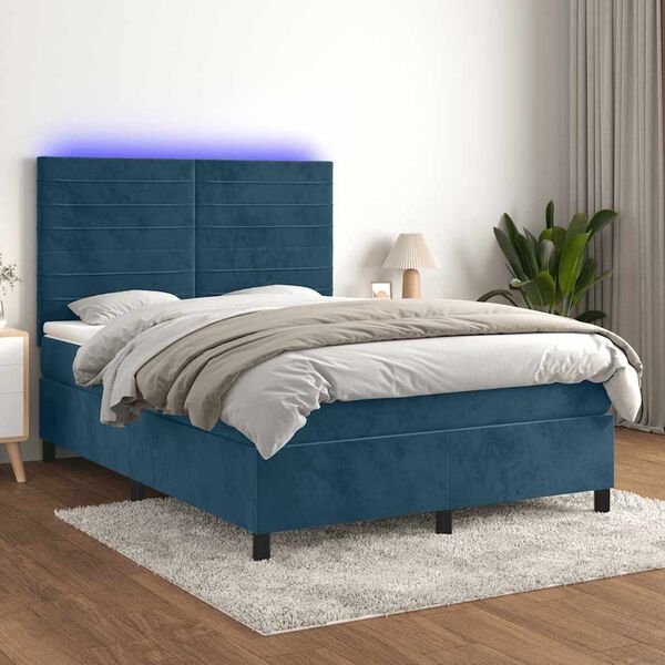 vidaXL Cama box spring c/ colch&atilde;o/LED 140x200 cm veludo azul-escuro