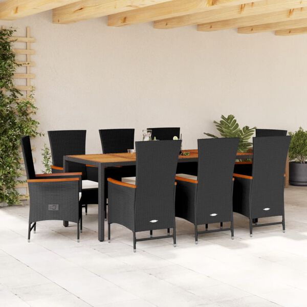 vidaXL 9 pcs conjunto de jantar p/ jardim c/ almofad&otilde;es vime PE preto